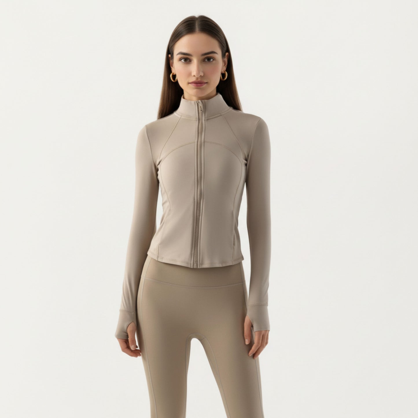 Long Sleeve Fitted Athletic Jacket with Full Zip Front Thumbhole Cuffs and Contoured Seams
