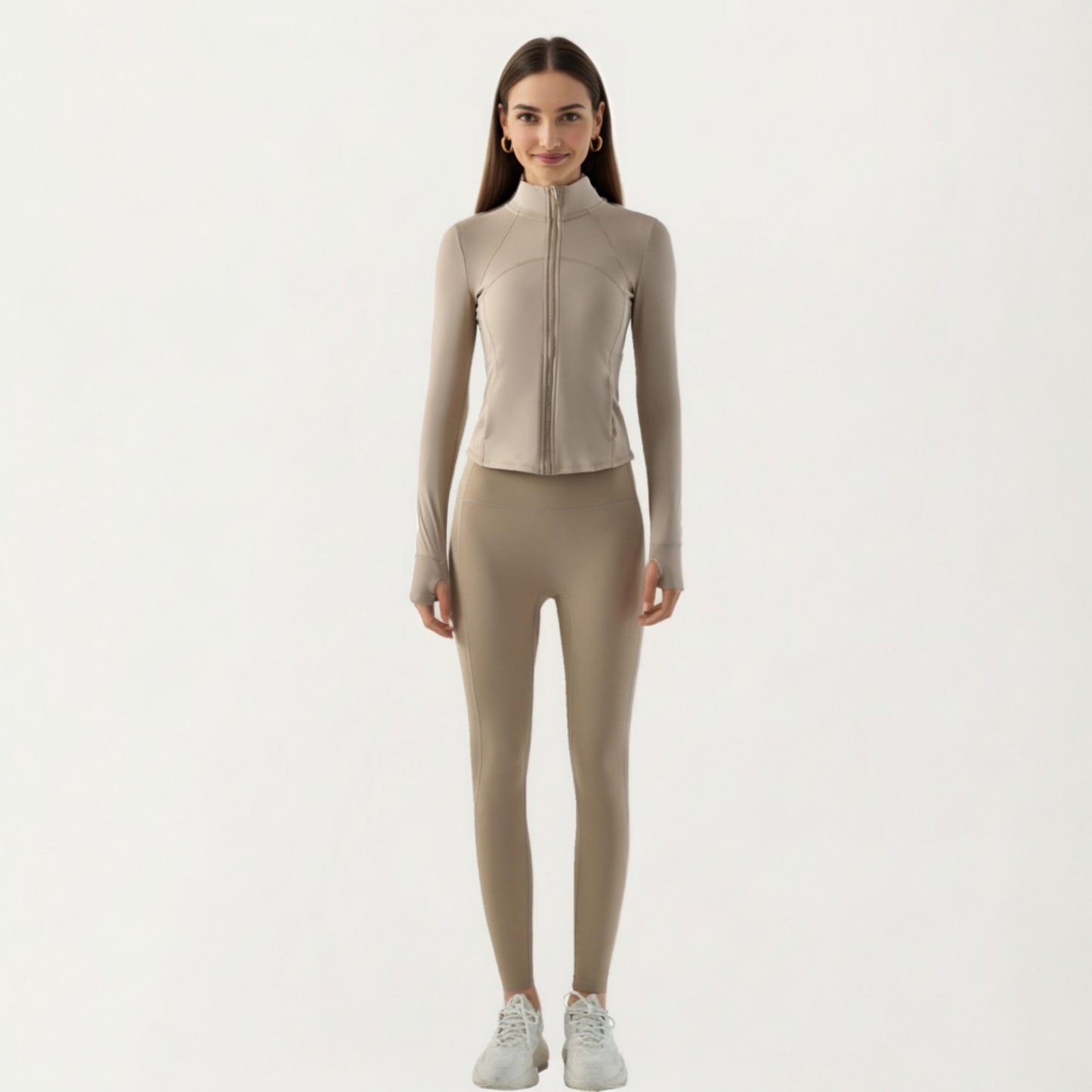 Long Sleeve Fitted Athletic Jacket with Full Zip Front Thumbhole Cuffs and Contoured Seams