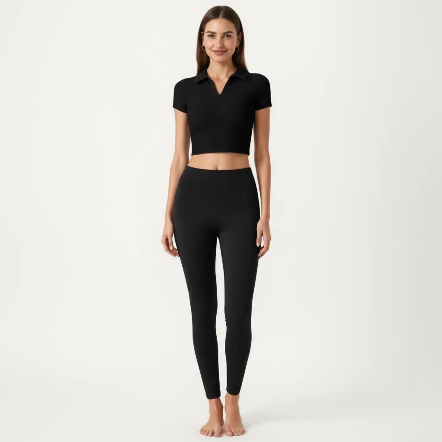 Short Sleeve Cropped Active Polo Top with Collared V Neck and Stretch Fit