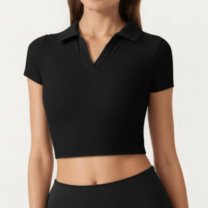 Short Sleeve Cropped Active Polo Top with Collared V Neck and Stretch Fit