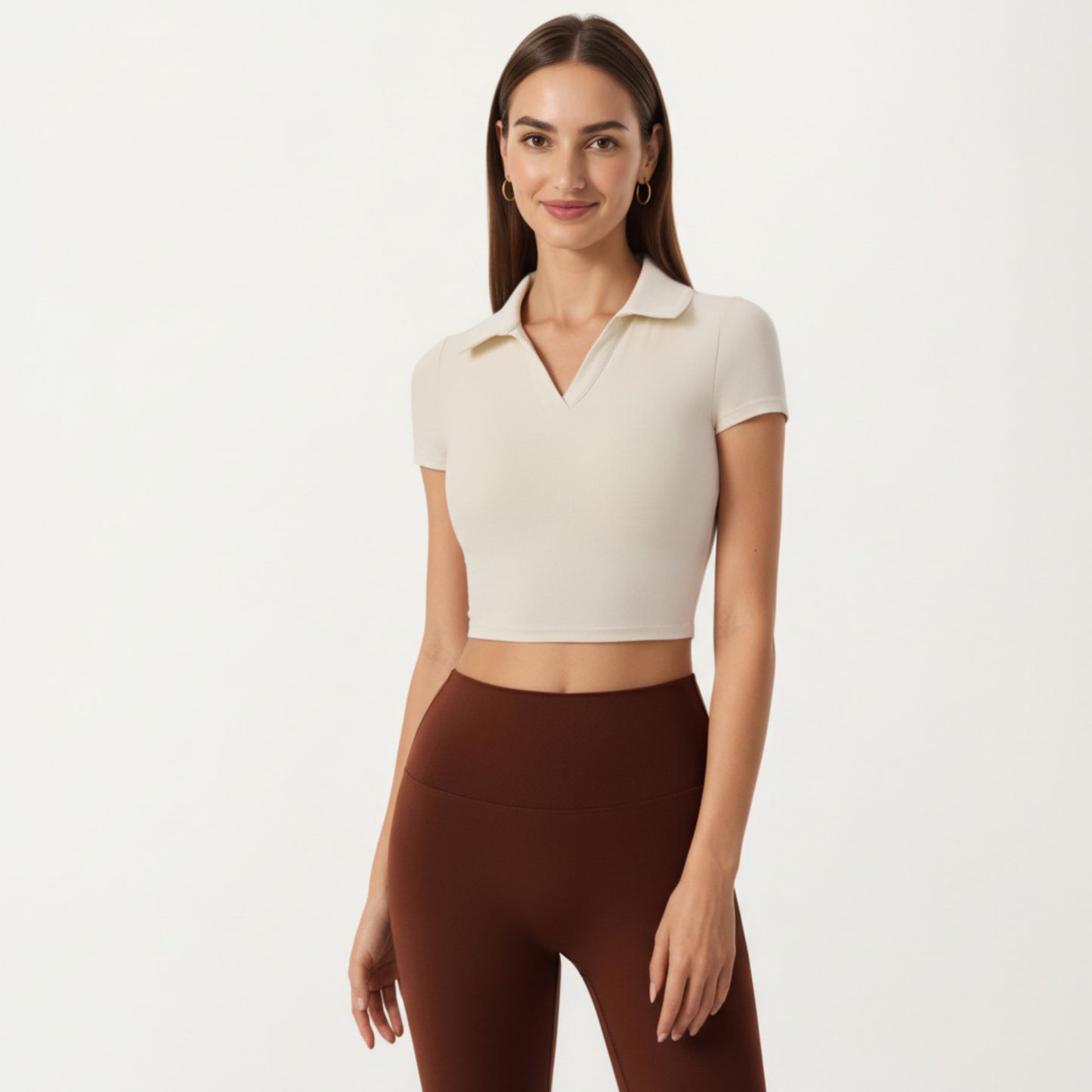 Short Sleeve Cropped Active Polo Top with Collared V Neck and Stretch Fit