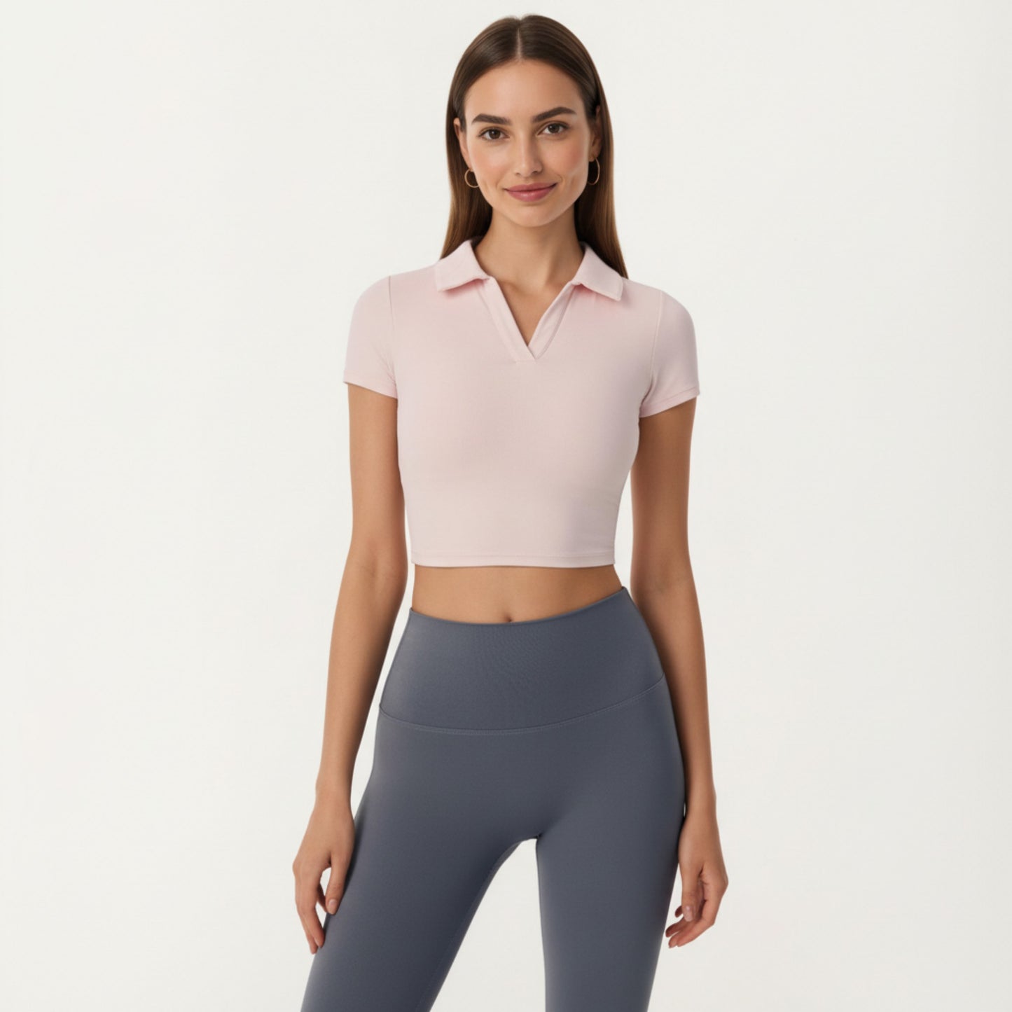 Short Sleeve Cropped Active Polo Top with Collared V Neck and Stretch Fit