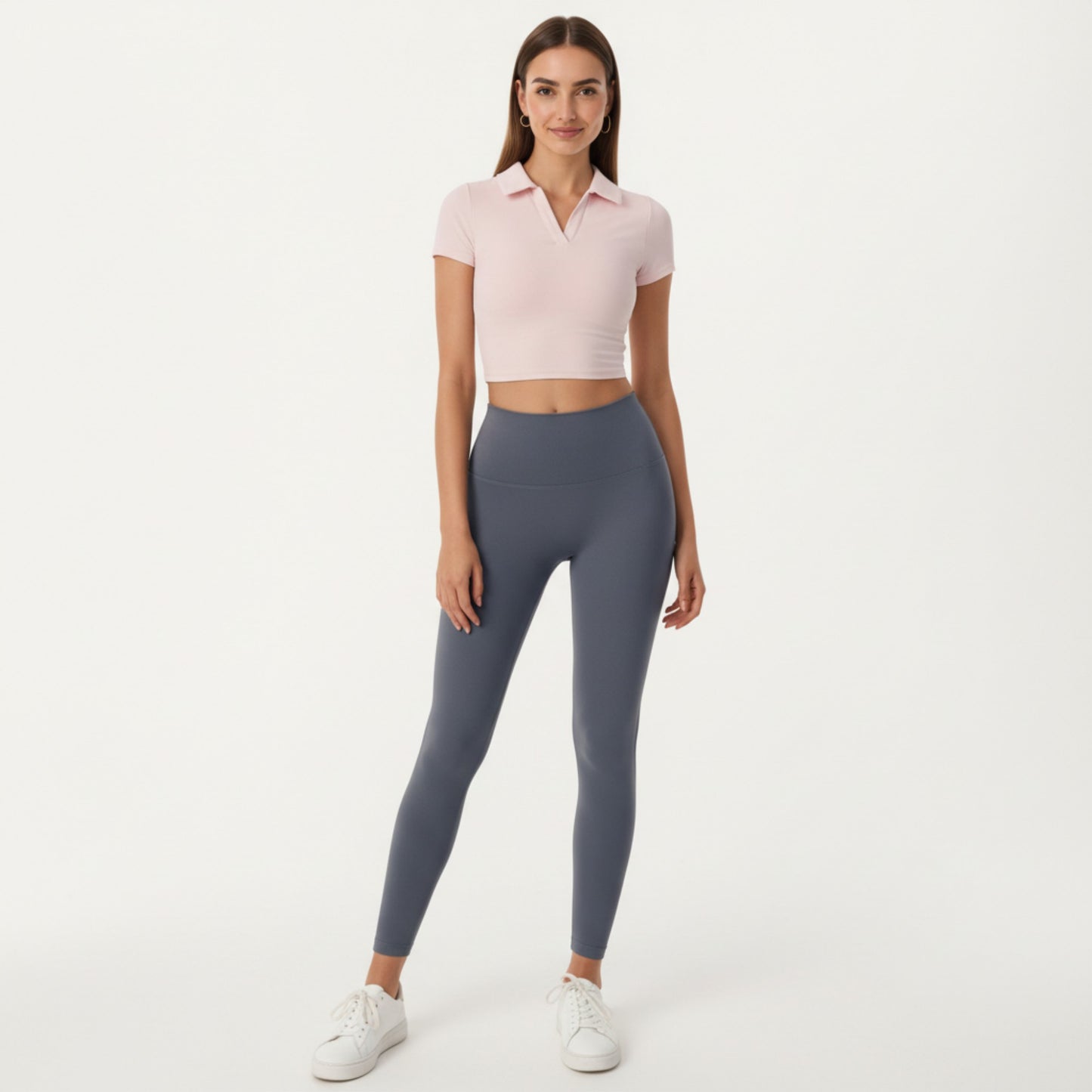 Short Sleeve Cropped Active Polo Top with Collared V Neck and Stretch Fit