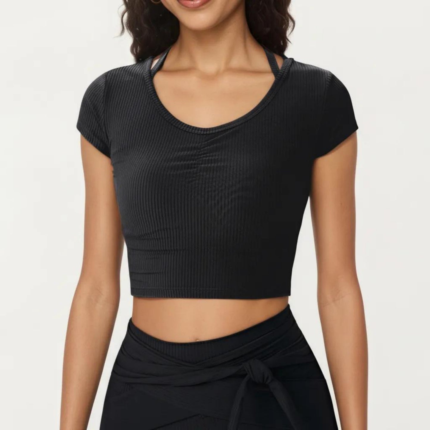 Short Sleeve Ribbed Active Crop Top with Scoop Neck and Back Strap Detail