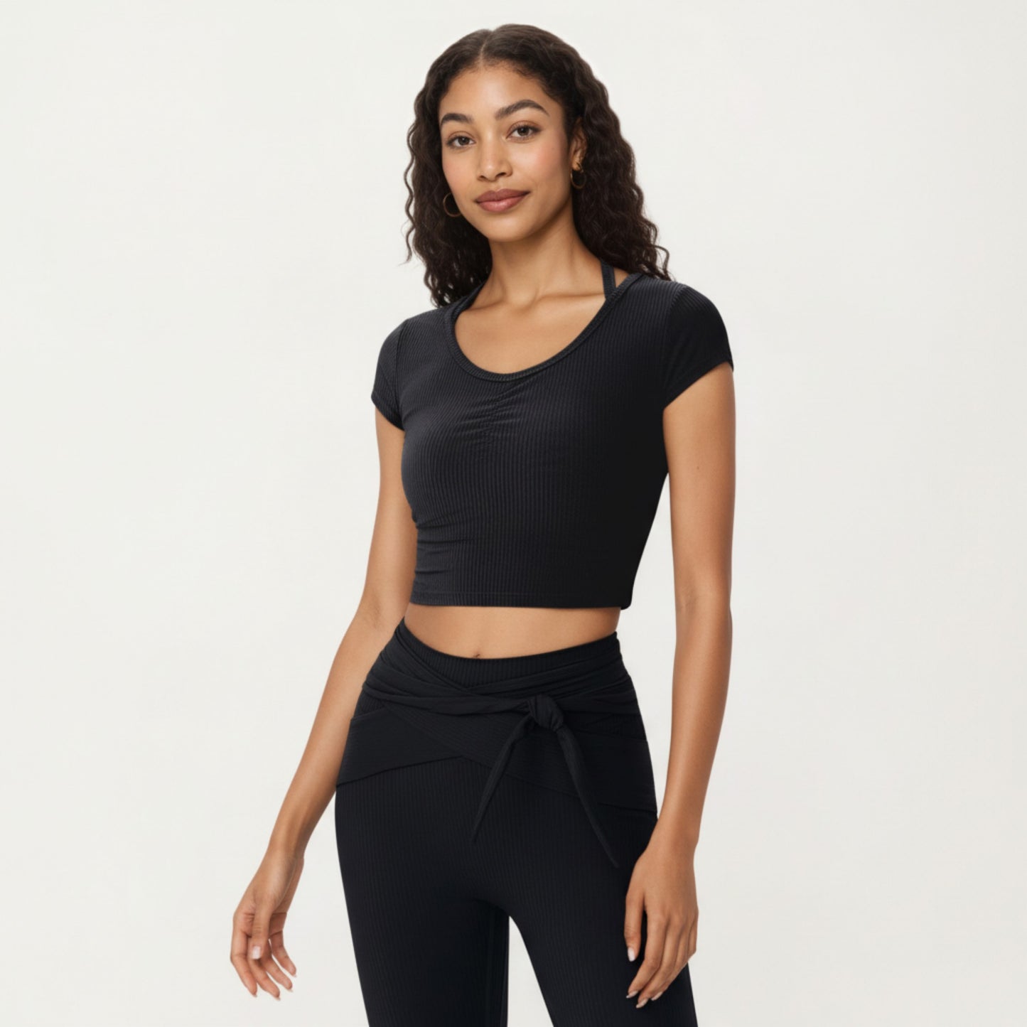Short Sleeve Ribbed Active Crop Top with Scoop Neck and Back Strap Detail