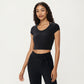 Short Sleeve Ribbed Active Crop Top with Scoop Neck and Back Strap Detail