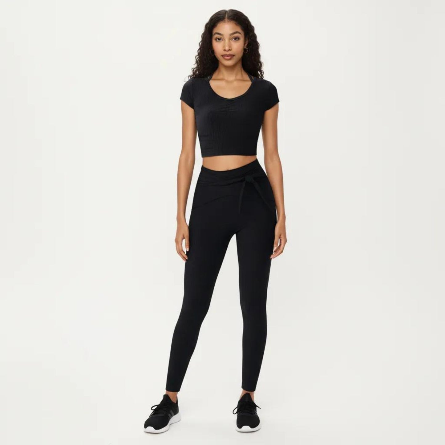 Short Sleeve Ribbed Active Crop Top with Scoop Neck and Back Strap Detail