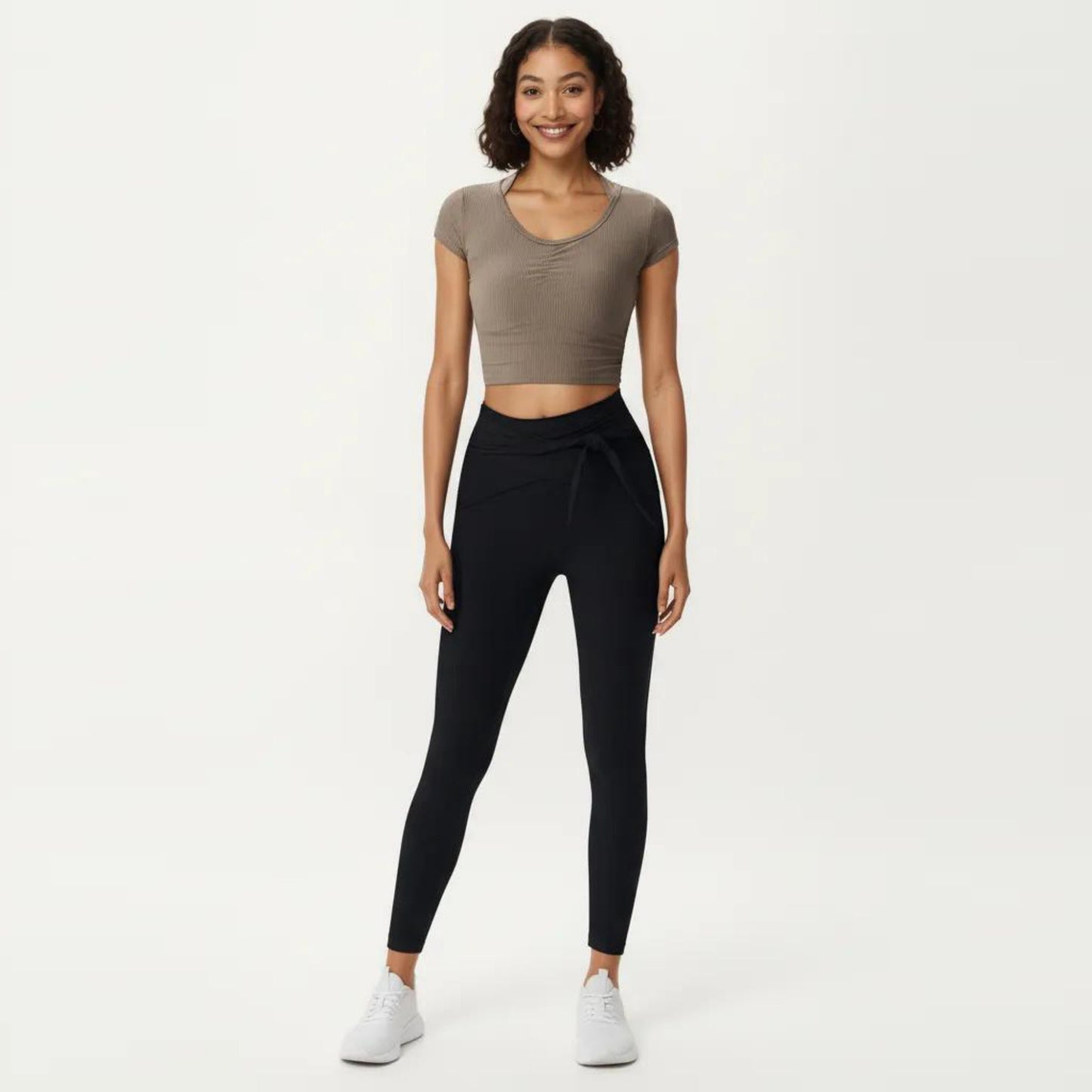 Short Sleeve Ribbed Active Crop Top with Scoop Neck and Back Strap Detail
