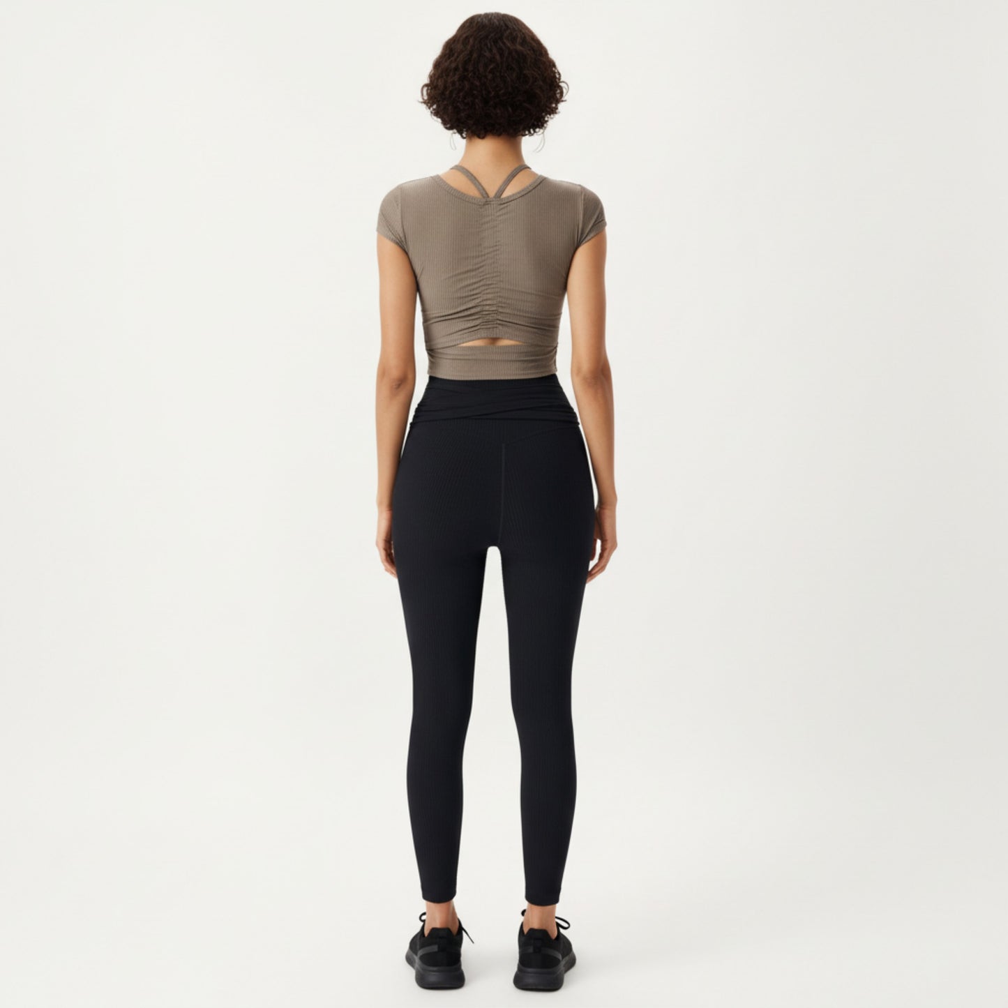 Short Sleeve Ribbed Active Crop Top with Scoop Neck and Back Strap Detail
