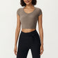 Short Sleeve Ribbed Active Crop Top with Scoop Neck and Back Strap Detail