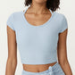 Short Sleeve Ribbed Active Crop Top with Scoop Neck and Back Strap Detail