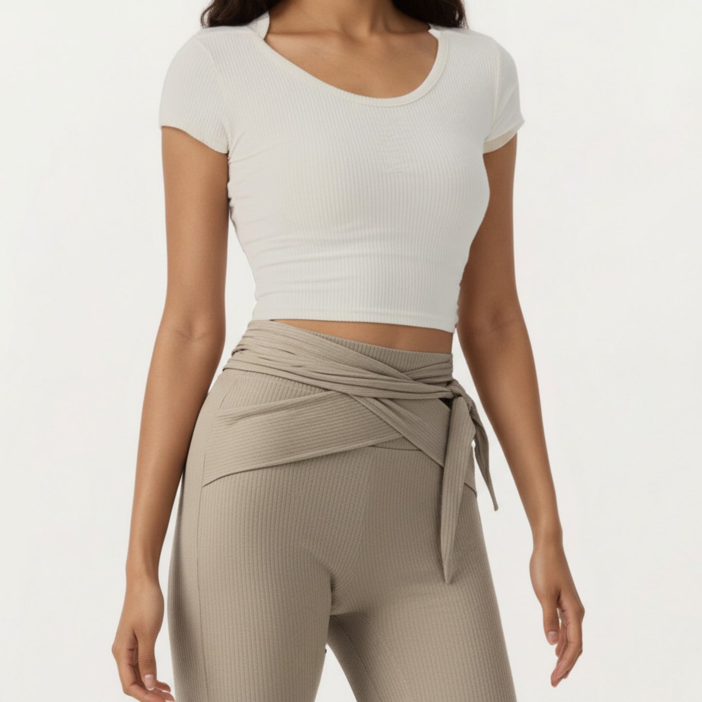 Short Sleeve Ribbed Active Crop Top with Scoop Neck and Back Strap Detail