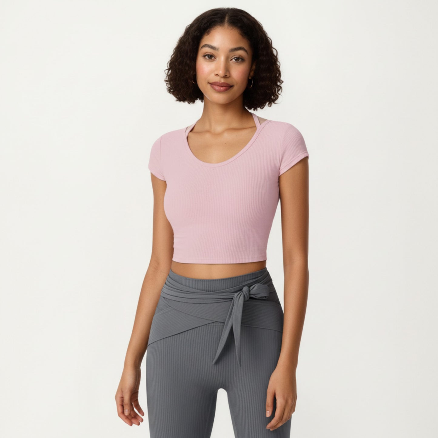 Short Sleeve Ribbed Active Crop Top with Scoop Neck and Back Strap Detail