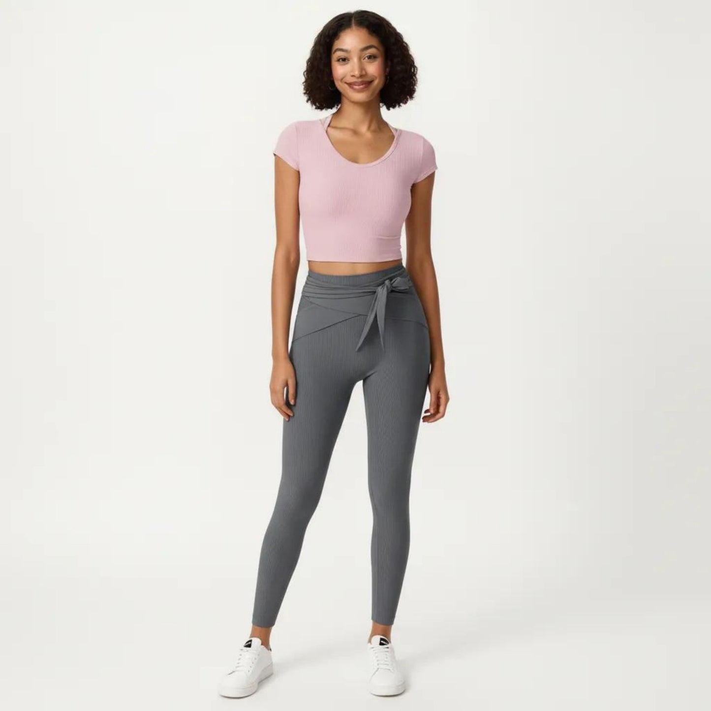 Short Sleeve Ribbed Active Crop Top with Scoop Neck and Back Strap Detail