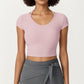 Short Sleeve Ribbed Active Crop Top with Scoop Neck and Back Strap Detail