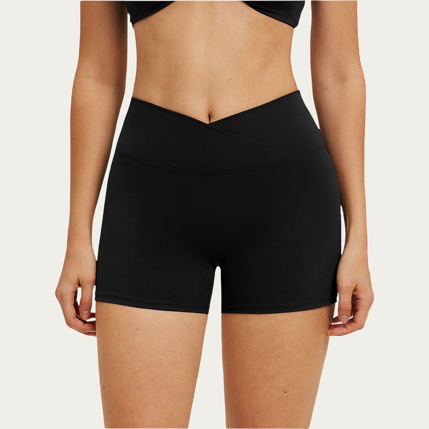 High Waist Crossover Workout Biker Shorts Stretch Athletic Yoga Shorts for Training Fitness