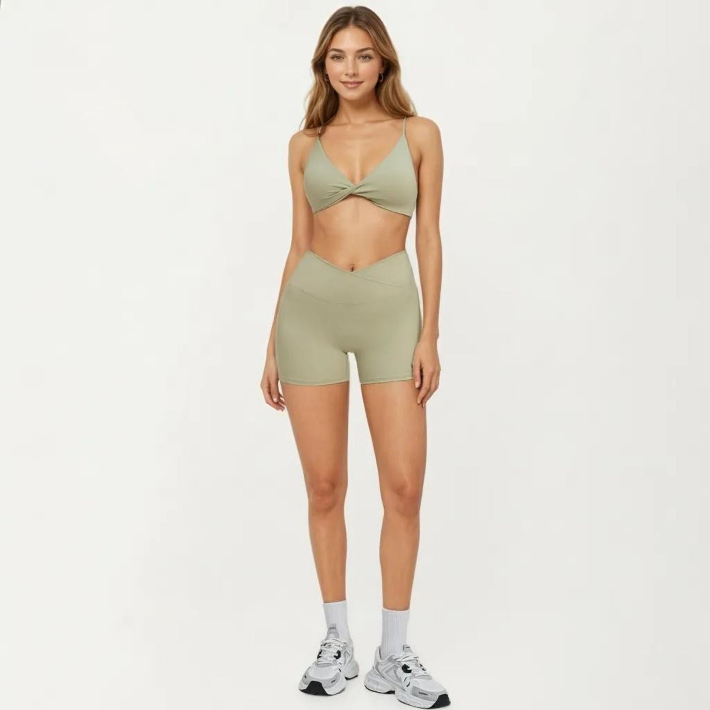 High Waist Crossover Workout Biker Shorts Stretch Athletic Yoga Shorts for Training Fitness