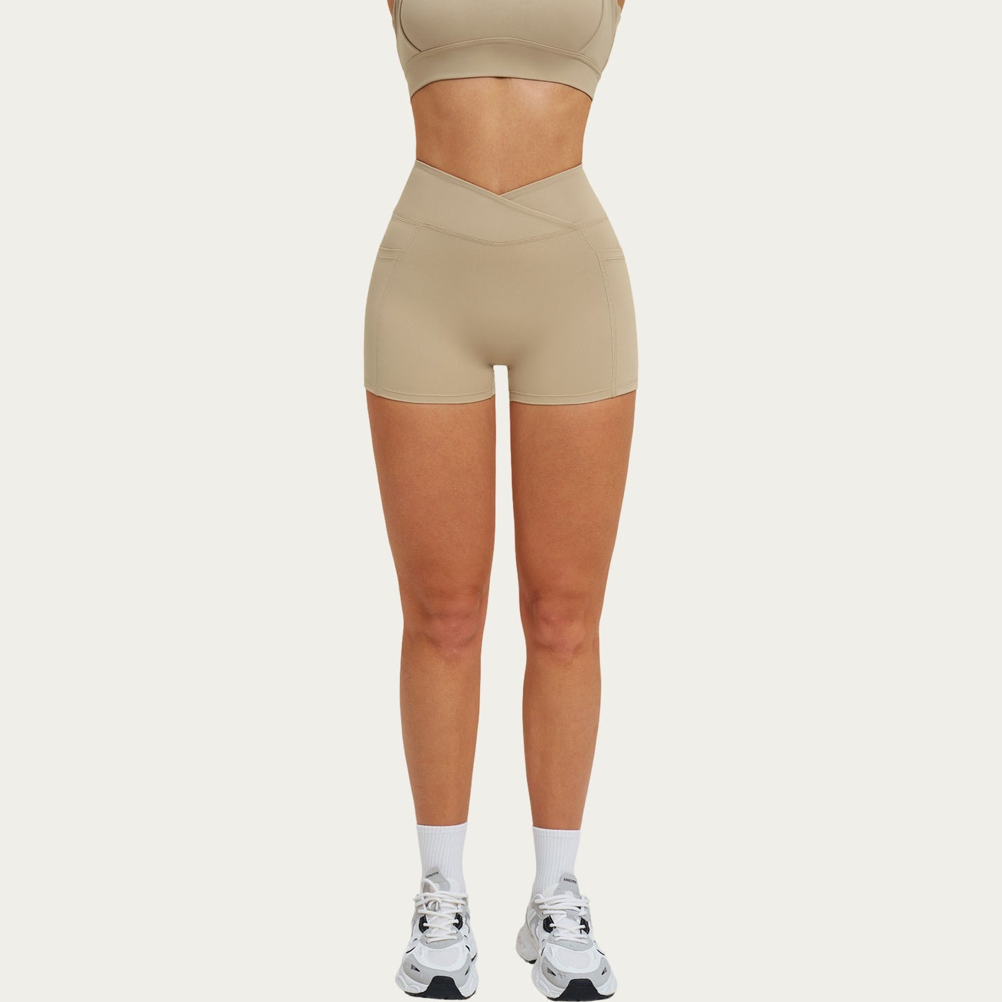 High Waist Crossover Athletic Biker Shorts Stretch Workout Yoga Shorts with Side Pocket