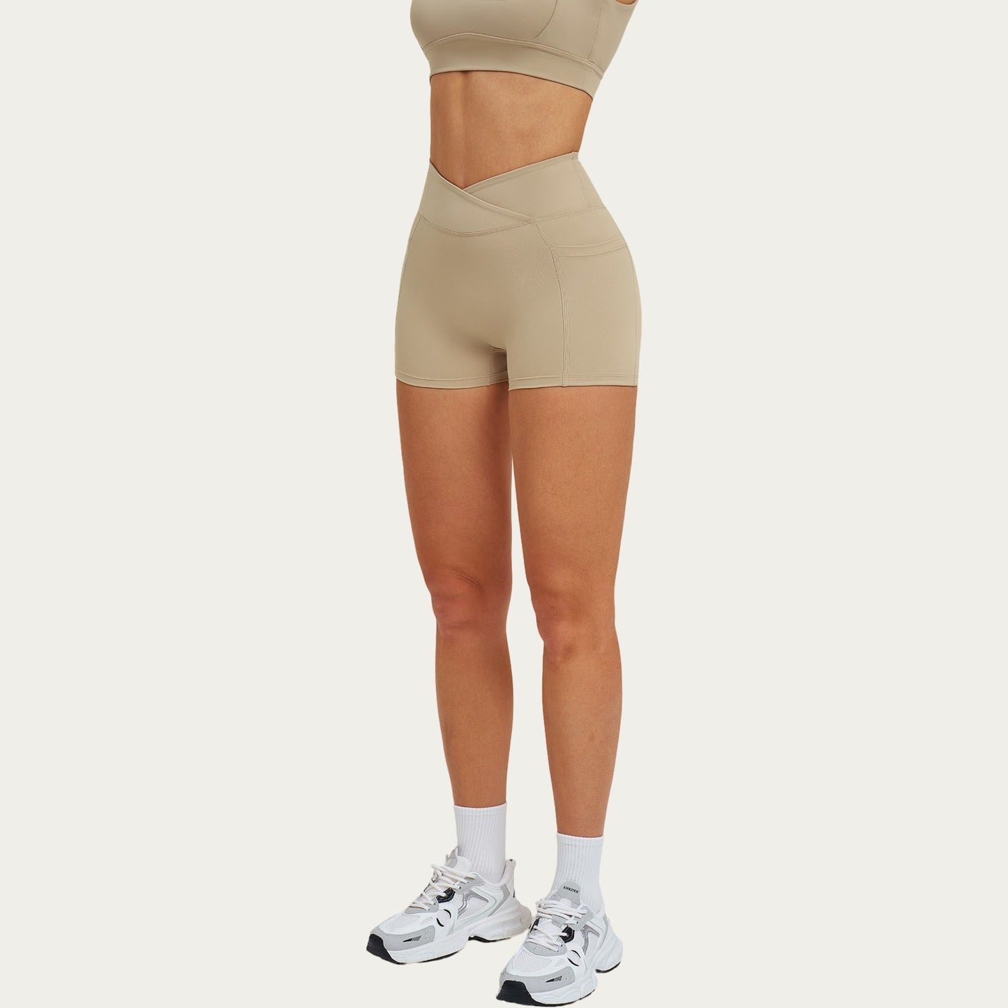 High Waist Crossover Athletic Biker Shorts Stretch Workout Yoga Shorts with Side Pocket