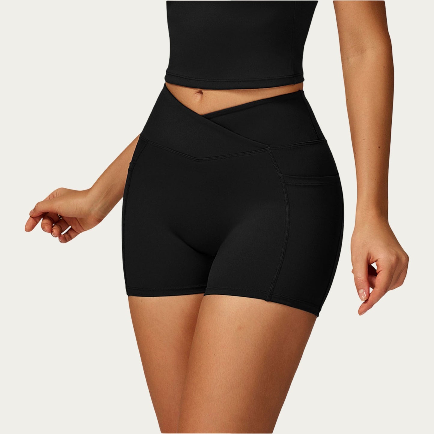 High Waist Crossover Athletic Biker Shorts Stretch Workout Yoga Shorts with Side Pocket