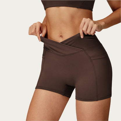 High Waist Crossover Athletic Biker Shorts Stretch Workout Yoga Shorts with Side Pocket