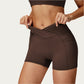 High Waist Crossover Athletic Biker Shorts Stretch Workout Yoga Shorts with Side Pocket