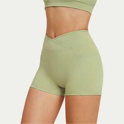 High Waist Crossover Athletic Biker Shorts Stretch Workout Yoga Shorts with Side Pocket