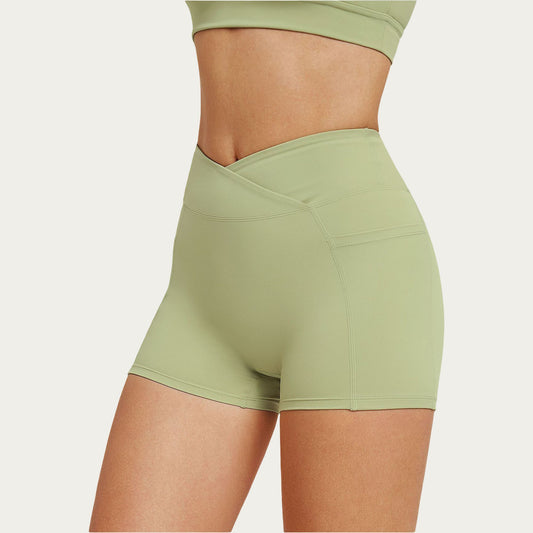 High Waist Crossover Athletic Biker Shorts Stretch Workout Yoga Shorts with Side Pocket