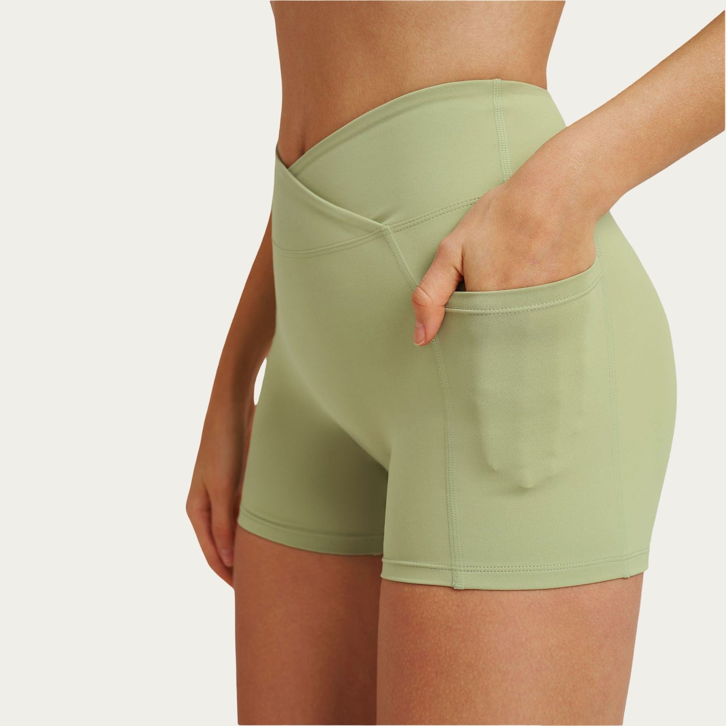 High Waist Crossover Athletic Biker Shorts Stretch Workout Yoga Shorts with Side Pocket