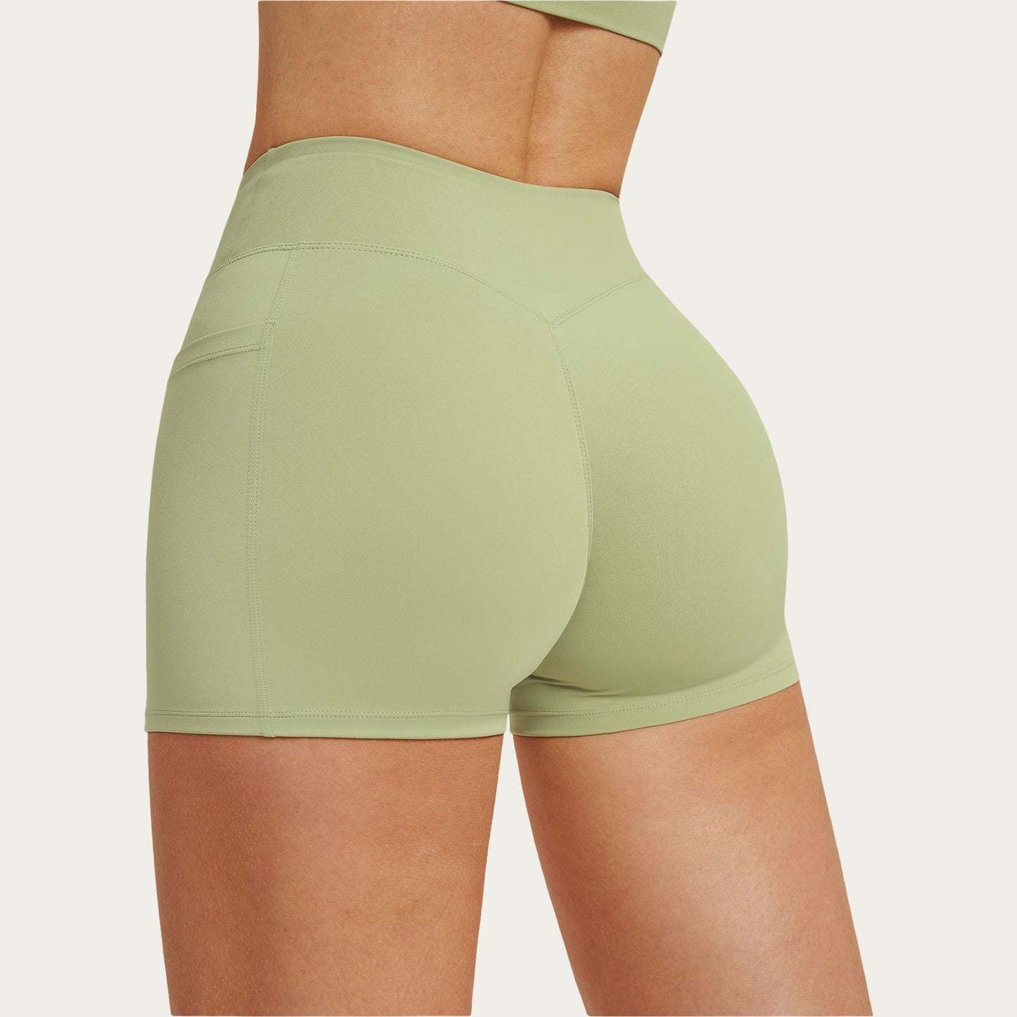 High Waist Crossover Athletic Biker Shorts Stretch Workout Yoga Shorts with Side Pocket