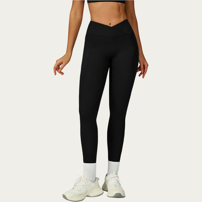 High Waist Crossover Workout Leggings Stretch Athletic Yoga Pants with Side Pocket