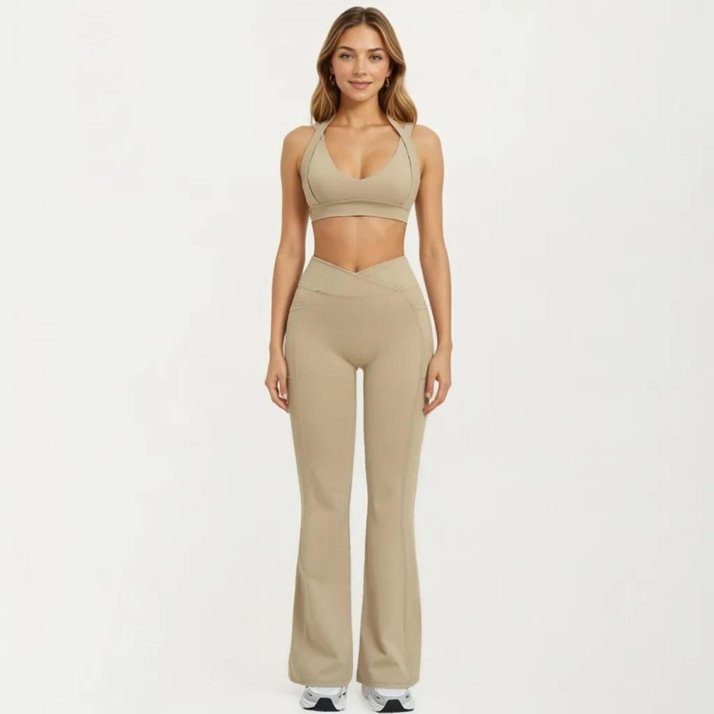 High Waist Crossover Flare Yoga Pants Stretch Bootcut Workout Leggings with Side Pocket