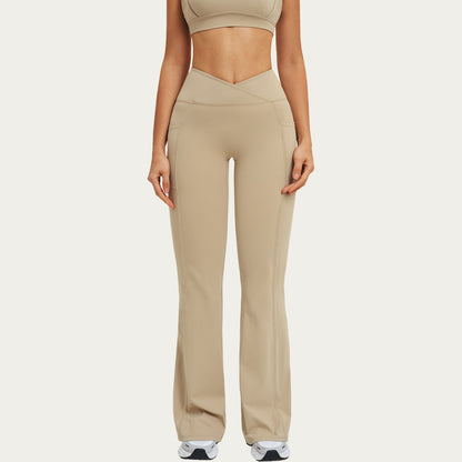 High Waist Crossover Flare Yoga Pants Stretch Bootcut Workout Leggings with Side Pocket