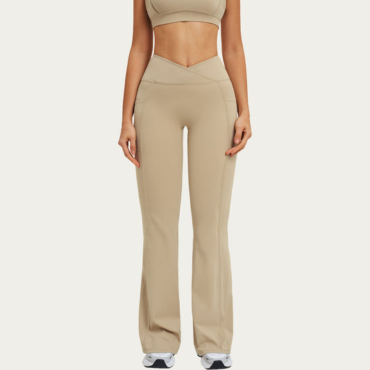 High Waist Crossover Flare Yoga Pants Stretch Bootcut Workout Leggings with Side Pocket