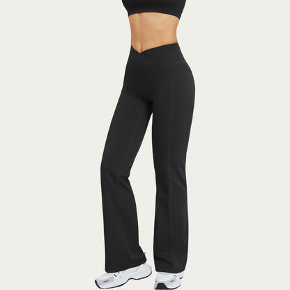 High Waist Crossover Flare Yoga Pants Stretch Bootcut Workout Leggings with Side Pocket