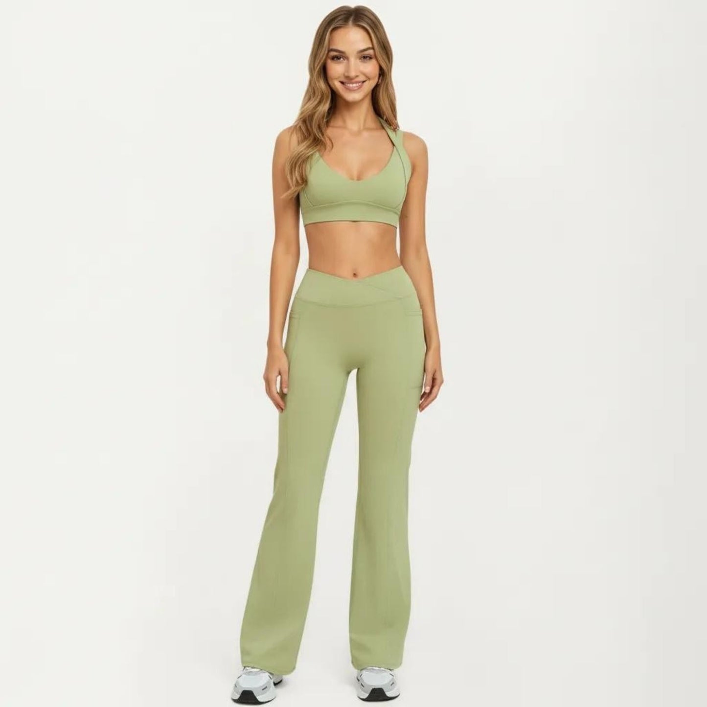 High Waist Crossover Flare Yoga Pants Stretch Bootcut Workout Leggings with Side Pocket