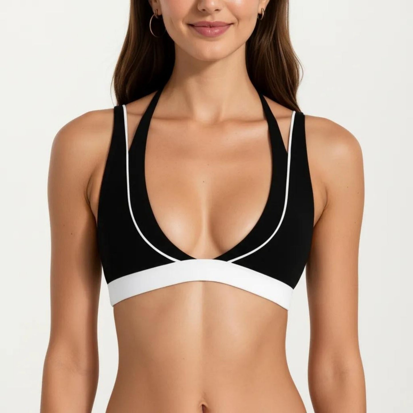 Halter Sports Bra with Contrast Trim Stretch Support Athletic Workout Bra for Yoga Training