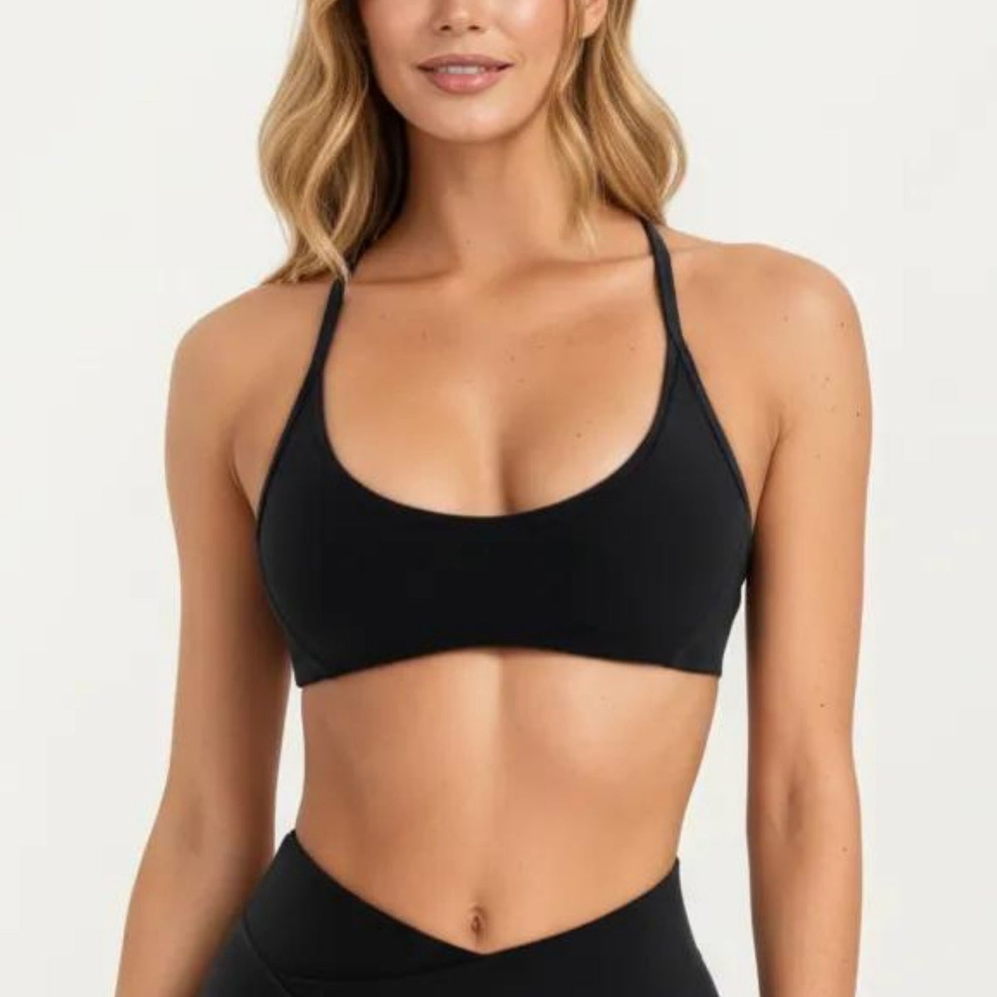 Adjustable Strap Sports Bra with Scoop Neck Stretch Support Athletic Workout Crop Top