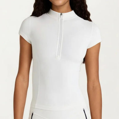 Short Sleeve Athletic Top with Half Zip Mock Neck Fitted Workout Shirt for Running Training