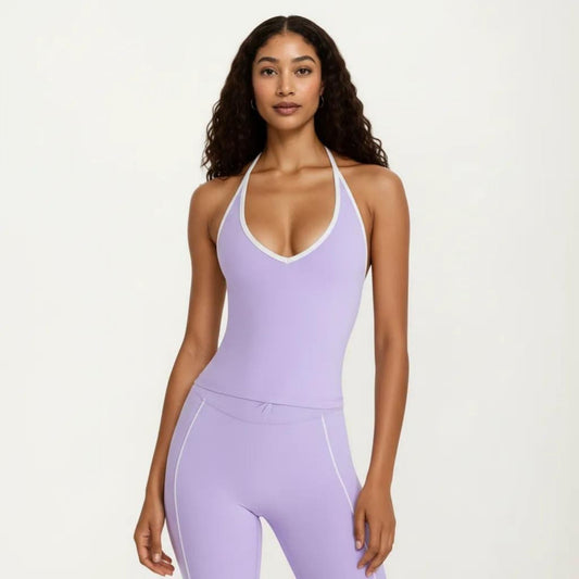 Halter Active Crop Top with Built In Support Ribbed Workout Tank for Yoga Fitness Training