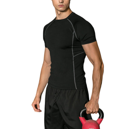 Men's Short Sleeve Compression Workout Shirt with Moisture-Wicking Fabric and Contrast Stitching