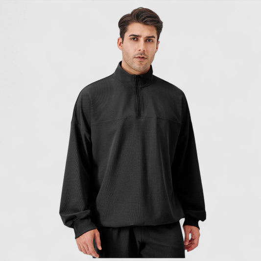 Men's Oversized Quarter Zip Pullover with Drop Shoulders and Ribbed Cuffs for Relaxed Casual Styling