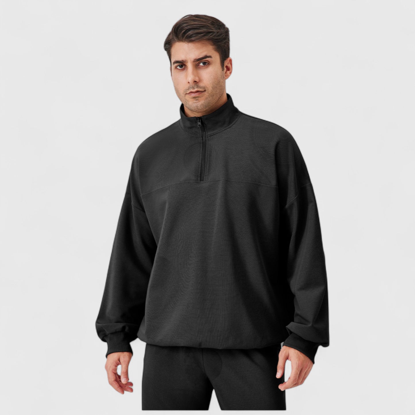 Men's Oversized Quarter Zip Pullover with Drop Shoulders and Ribbed Cuffs for Relaxed Casual Styling