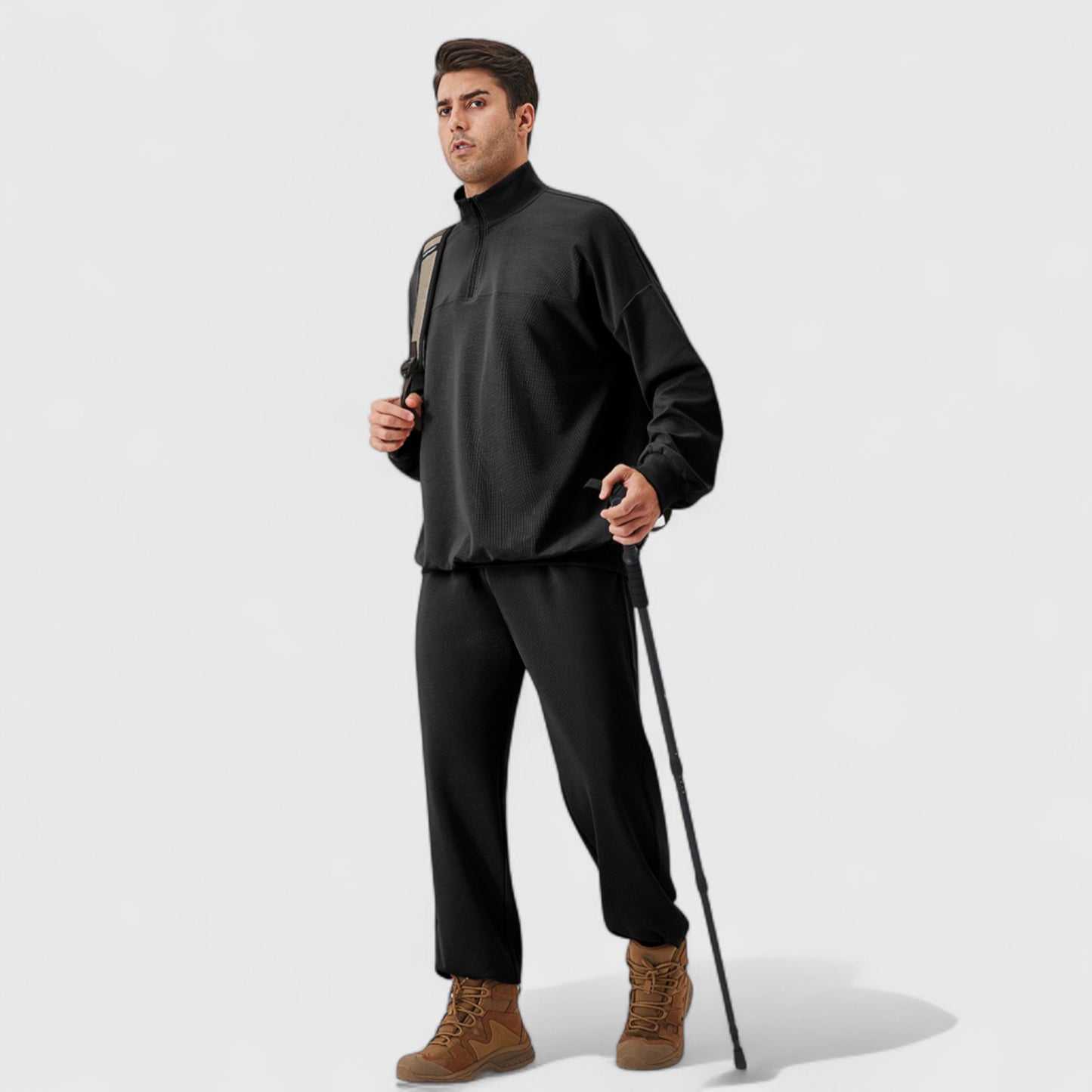 Men's Oversized Quarter Zip Pullover with Drop Shoulders and Ribbed Cuffs for Relaxed Casual Styling