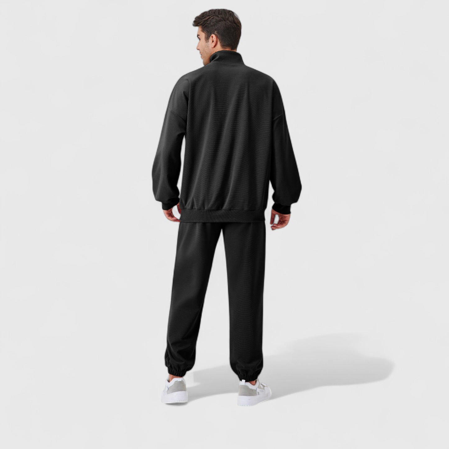 Men's Oversized Quarter Zip Pullover with Drop Shoulders and Ribbed Cuffs for Relaxed Casual Styling