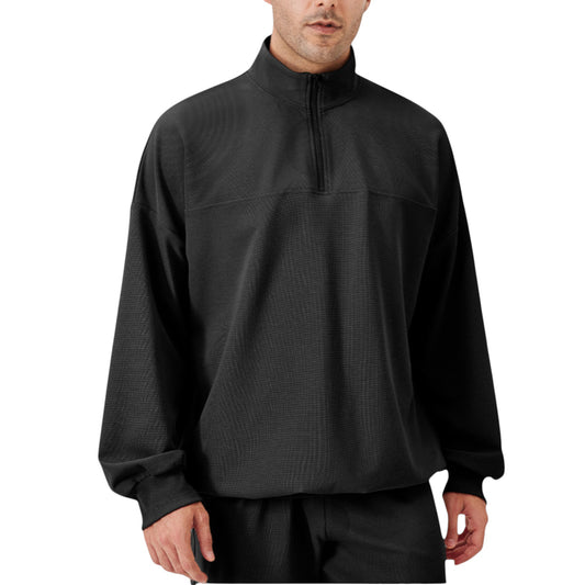 Men's Oversized Quarter Zip Pullover with Drop Shoulders and Ribbed Cuffs for Relaxed Casual Styling