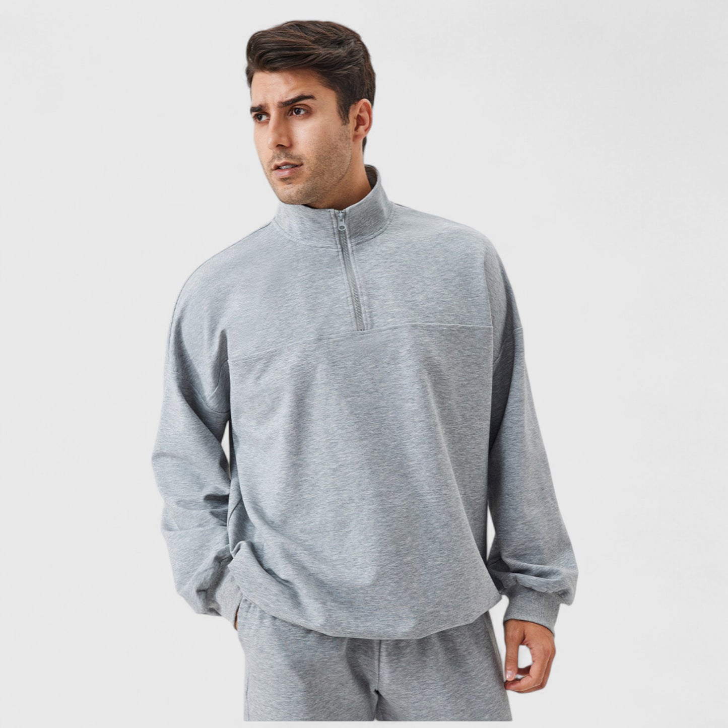 Men's Oversized Quarter Zip Pullover with Drop Shoulders and Ribbed Cuffs for Relaxed Casual Styling