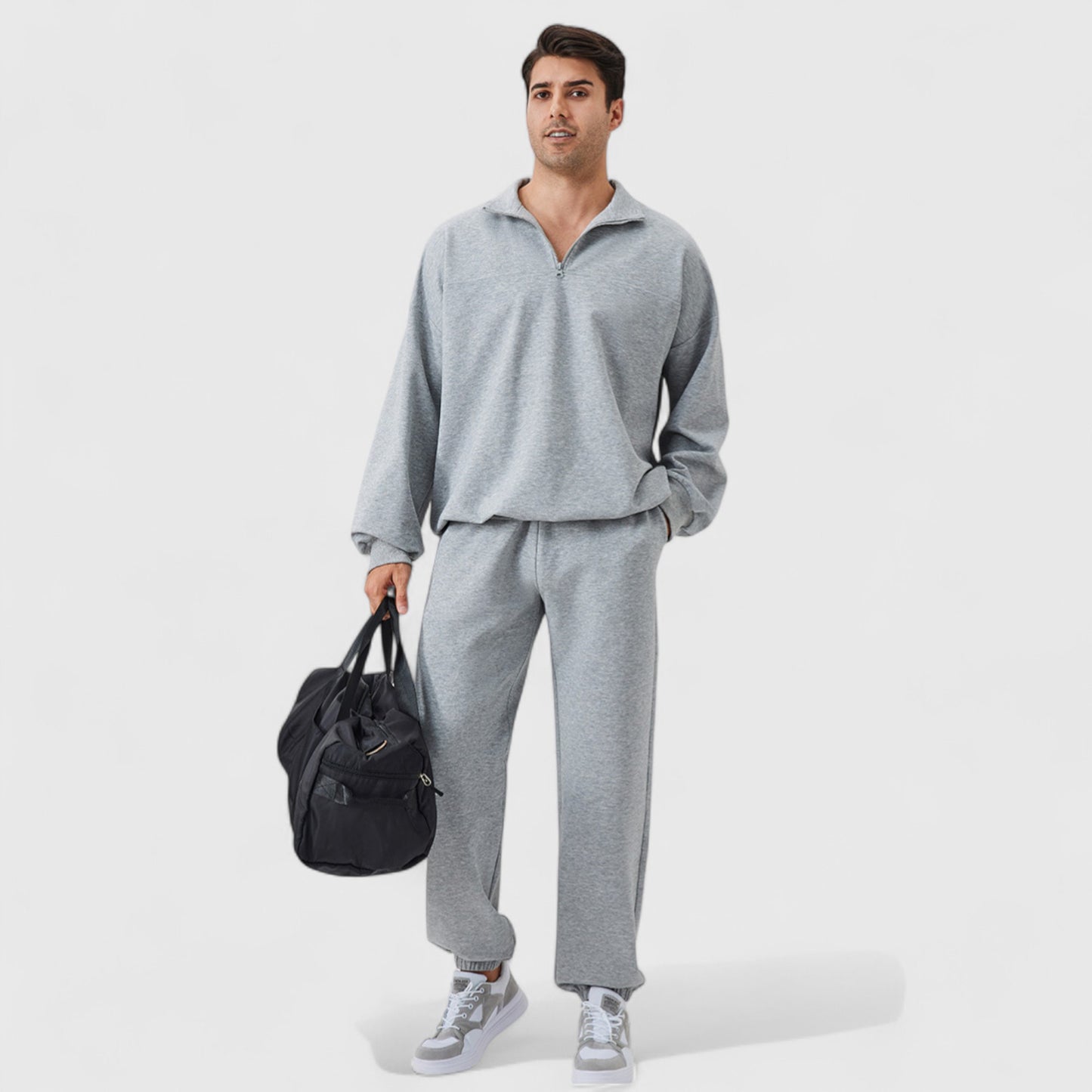 Men's Oversized Quarter Zip Pullover with Drop Shoulders and Ribbed Cuffs for Relaxed Casual Styling