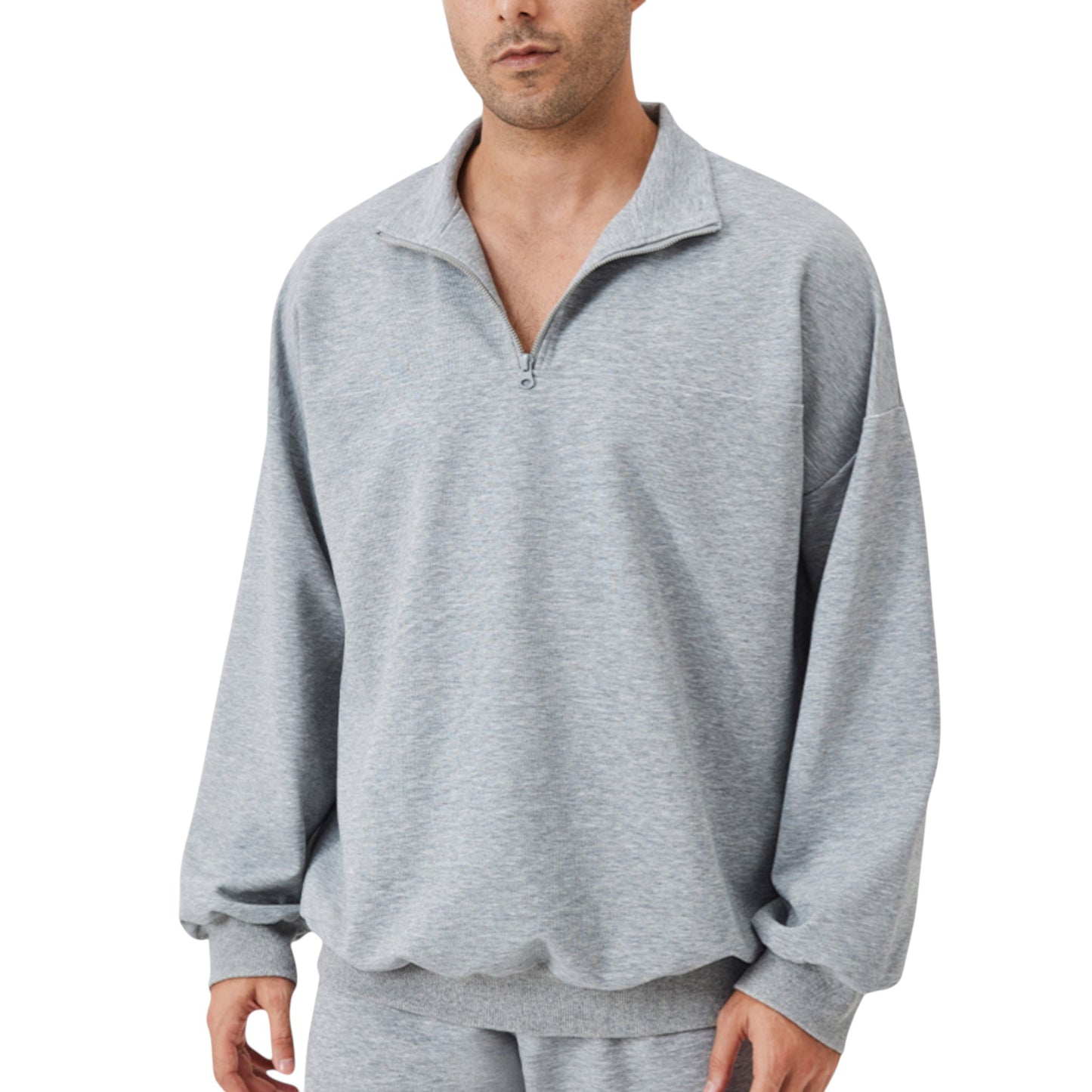 Men's Oversized Quarter Zip Pullover with Drop Shoulders and Ribbed Cuffs for Relaxed Casual Styling