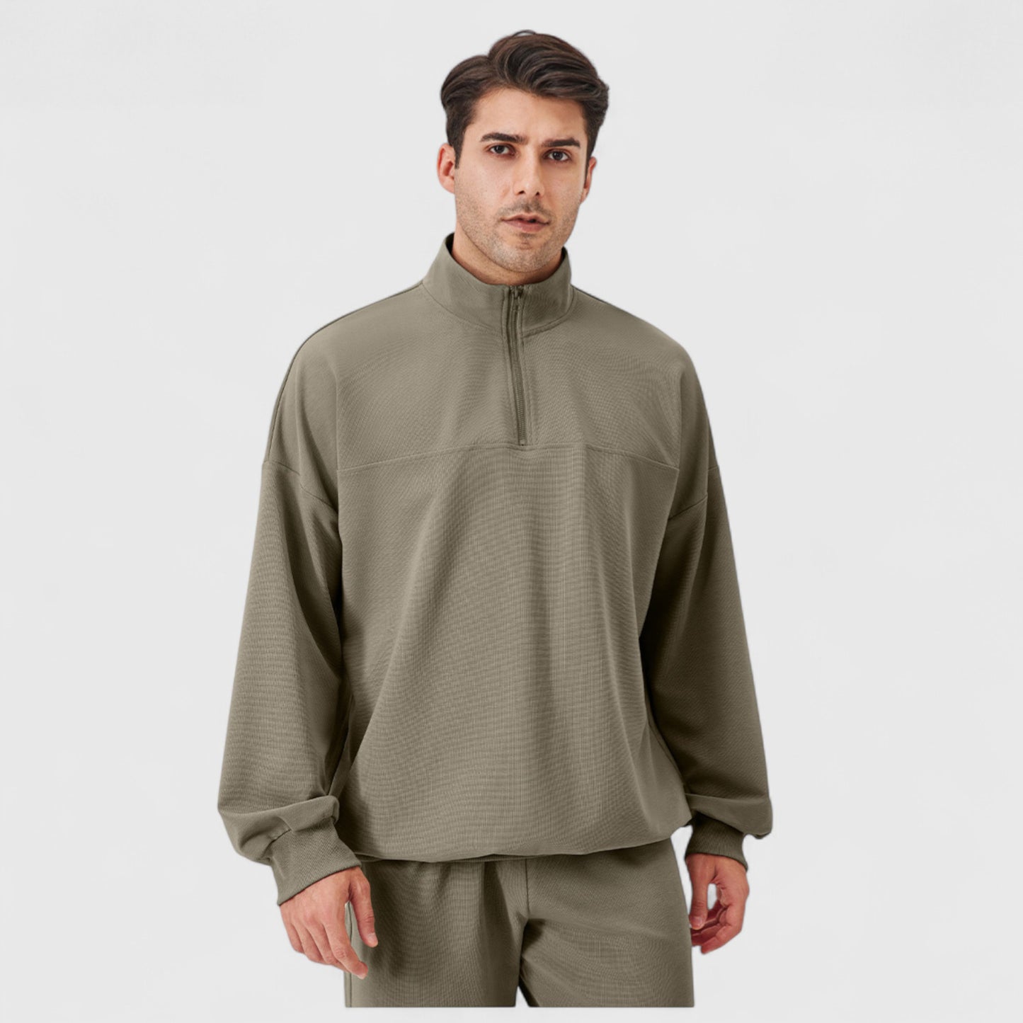 Men's Oversized Quarter Zip Pullover with Drop Shoulders and Ribbed Cuffs for Relaxed Casual Styling
